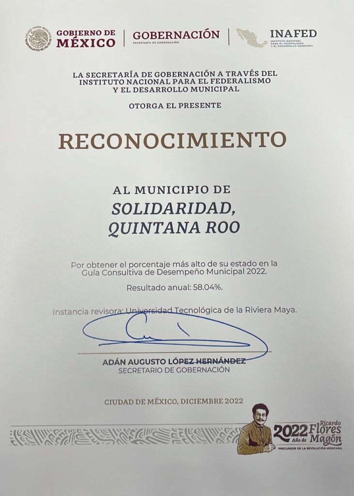 Gobierno federal reconoce a Solidaridad por buenas prácticas y desempeño municipal