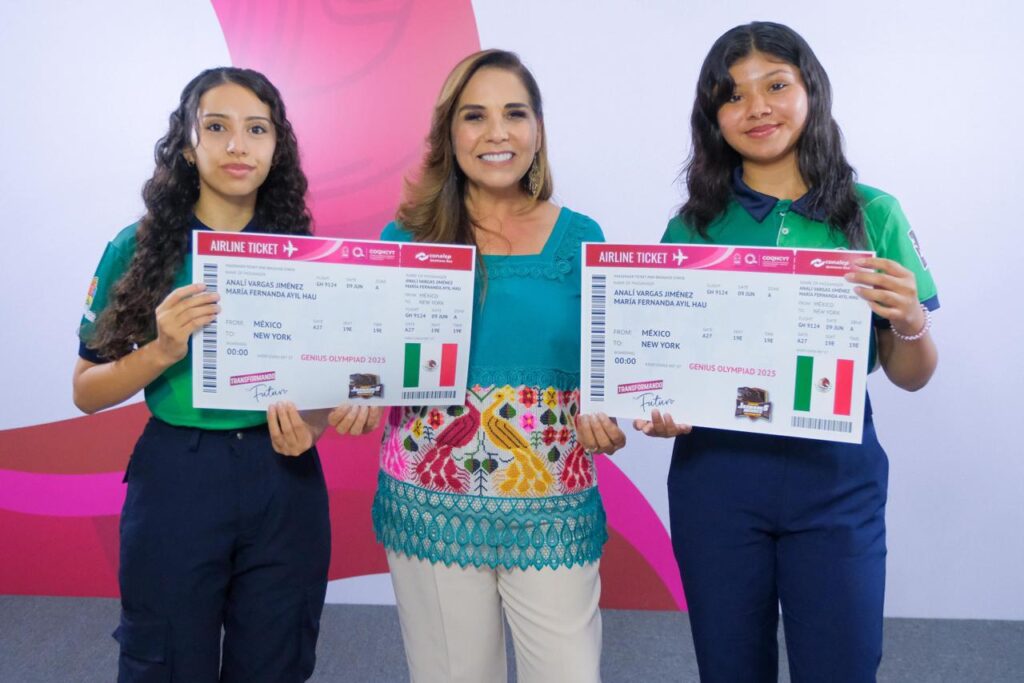 Abandera Mara Lezama a María Fernanda y a Annalí, del CONALEP Cancún III, quienes participarán en la Genius Olympiad 2025