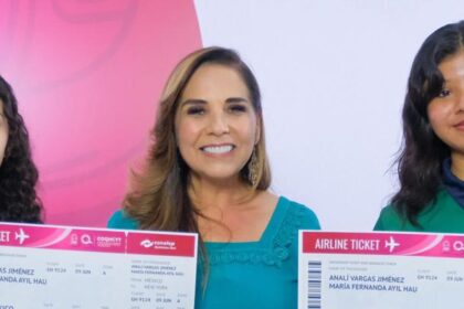 Abandera Mara Lezama a María Fernanda y a Annalí, del CONALEP Cancún III, quienes participarán en la Genius Olympiad 2025