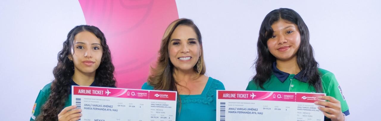 Abandera Mara Lezama a María Fernanda y a Annalí, del CONALEP Cancún III, quienes participarán en la Genius Olympiad 2025