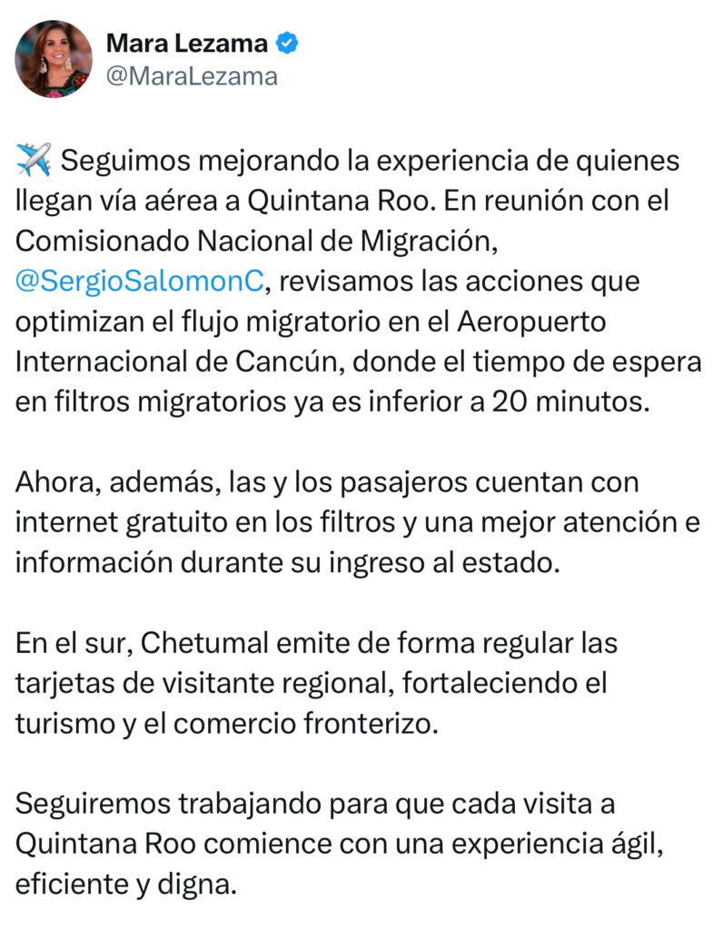Avanzamos en mejorar la experiencia de las y los pasajeros que llegan a Cancún: Mara Lezama 