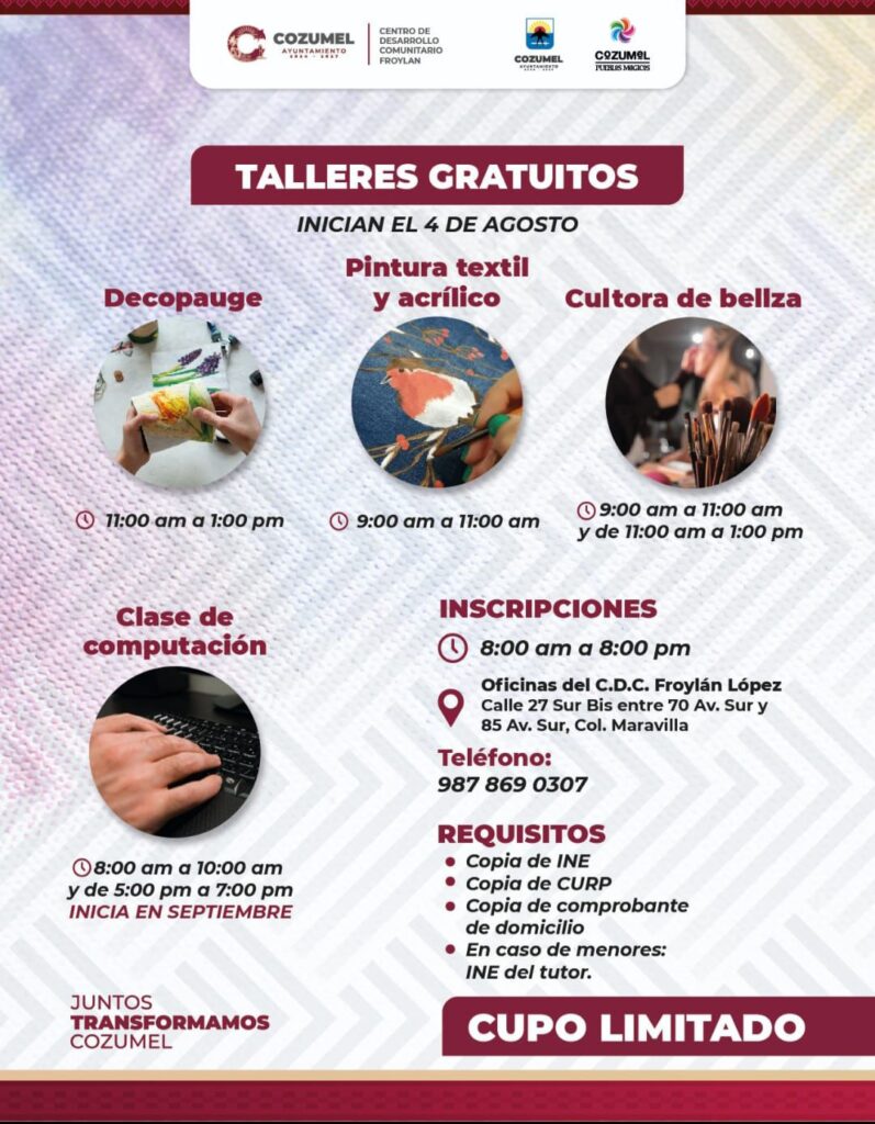 Gobierno de Chacón Méndez invita a participar en los talleres gratuitos del CDC Froylán